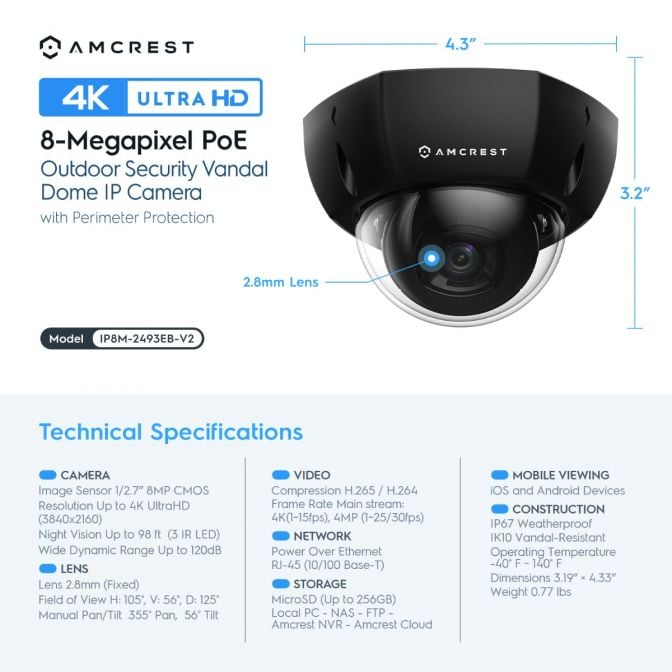 Amcrest 4K Security Camera System 8CH NVR 4x 4K Dome POE IP Cam 2TB Black