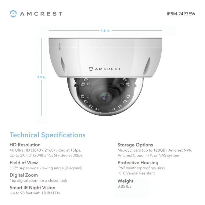 Amcrest 4K Security Camera System w/ 4K 8CH PoE NVR, (4) x 4K (8-Megapixel) IP67 Weatherproof Metal Bullet & Dome POE IP Cameras (3840x2160), 2.8mm Wide Angle Lens, NV4108E-2493EW2-2496EW2-2TB (White)