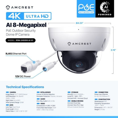 Amcrest 4K (8MP) AI Dome POE IP Security Camera