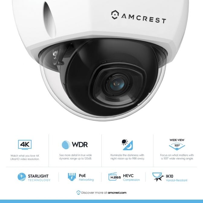 Amcrest 4K Security Camera System w/ 4K (8MP) 16CH NVR, (8) x 4K (8-Megapixel) IP67 Weatherproof Metal Dome POE IP Cameras (3840x2160), 2.8mm Wide Angle Lens, 4TB Hard Drive, NV4116E-IP8M-2493EW8-4TB (White)