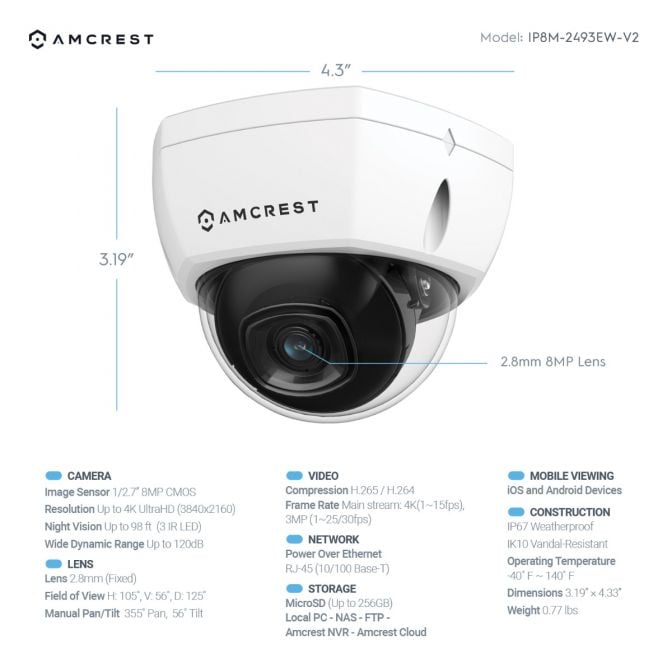 Amcrest 4K Security Camera System w/ 4K (8MP) 16CH NVR, (8) x 4K (8-Megapixel) IP67 Weatherproof Metal Dome POE IP Cameras (3840x2160), 2.8mm Wide Angle Lens, 4TB Hard Drive, NV4116E-IP8M-2493EW8-4TB (White)