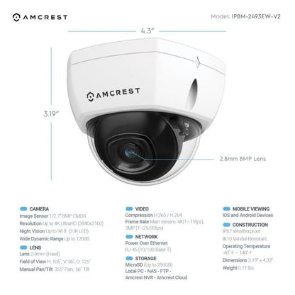 Amcrest 4K Security Camera System w/ 4K (8MP) 16CH NVR, (8) x 4K (8-Megapixel) IP67 Weatherproof Metal Dome POE IP Cameras (3840x2160), 2.8mm Wide Angle Lens, 4TB Hard Drive, NV4116E-IP8M-2493EW8-4TB (White)