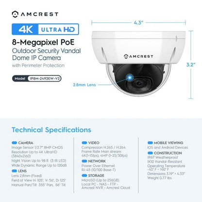 Amcrest 4K Security Camera System 8CH NVR 4x 4K Dome POE IP Cam 2TB