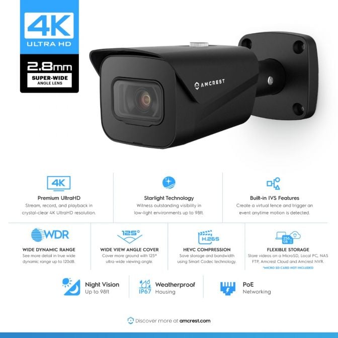 Amcrest 4K Security Camera System w/ 4K 8CH PoE NVR, (4) x 4K (8-Megapixel) IP67 Weatherproof Metal Bullet POE IP Cameras, 2.8mm Lens, Pre-Installed 2TB Hard Drive, NV4108E-IP8M-2496EB4-2TB (Black)