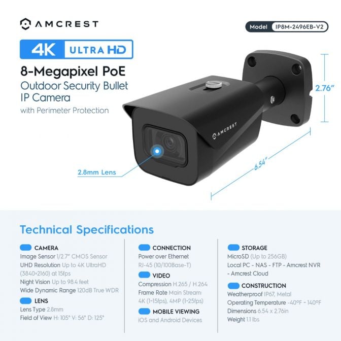 Amcrest 4K Security Camera System w/ 4K 8CH PoE NVR, (4) x 4K (8-Megapixel) IP67 Weatherproof Metal Bullet POE IP Cameras, 2.8mm Lens, Pre-Installed 2TB Hard Drive, NV4108E-IP8M-2496EB4-2TB (Black)