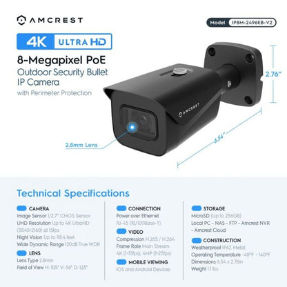 Amcrest 4K Security Camera System w/ 4K 8CH PoE NVR, (4) x 4K (8-Megapixel) IP67 Weatherproof Metal Bullet POE IP Cameras, 2.8mm Lens, Pre-Installed 2TB Hard Drive, NV4108E-IP8M-2496EB4-2TB (Black)