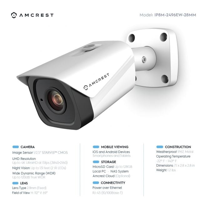 Amcrest 4K Security Camera System with 4K (8MP) 16-Channel (8-Port PoE) NVR & Eight x 4K (8-Megapixel) IP67 Weatherproof Metal Bullet POE IP Cameras (3840x2160P), Pre-Installed 4TB Hard Drive, NV4116E-IP8M-2496EW8-4TB (White)