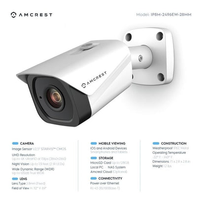 Amcrest 4K 16-Channel Security Camera System w/ H.265 4K NVR, (8) x 4K (8-Megapixel) IP67 Weatherproof Metal Bullet & Dome POE IP Cameras (3840x2160), 2.8mm Angle Lens, 4TB Hard Drive, 98ft Nightvision (White)