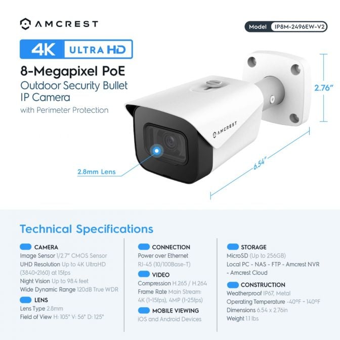 Amcrest 4K Security Camera System 8CH NVR 4x 4K Bullet POE IP Cam 2TB