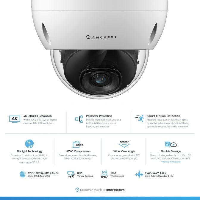Amcrest UltraHD 4K (8MP) AI Outdoor Security POE IP Camera, 3840x2160, 98.4ft NightVision, 2.8mm Lens, IP67 Weatherproof, IK10 Vandal Resistant Dome, MicroSD Recording, White (IP8M-2693EW-AI)