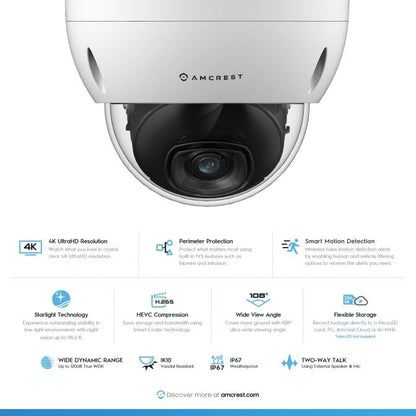 Amcrest UltraHD 4K (8MP) AI Outdoor Security POE IP Camera, 3840x2160, 98.4ft NightVision, 2.8mm Lens, IP67 Weatherproof, IK10 Vandal Resistant Dome, MicroSD Recording, White (IP8M-2693EW-AI)