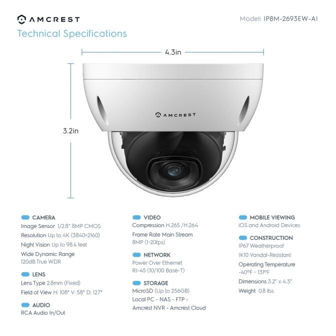 Amcrest UltraHD 4K (8MP) AI Outdoor Security POE IP Camera, 3840x2160, 98.4ft NightVision, 2.8mm Lens, IP67 Weatherproof, IK10 Vandal Resistant Dome, MicroSD Recording, White (IP8M-2693EW-AI)