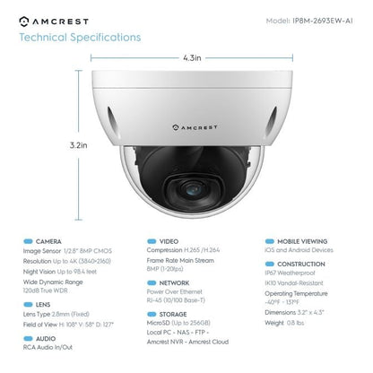 Amcrest 4K Security Camera System w/ 4K 8CH PoE NVR, 4 x 4K (8MP) IP67 Weatherproof Dome POE IP Cameras, 2.8mm Wide Angle Lens, NV5208E-IP8M-2693EW4-2TB (White)