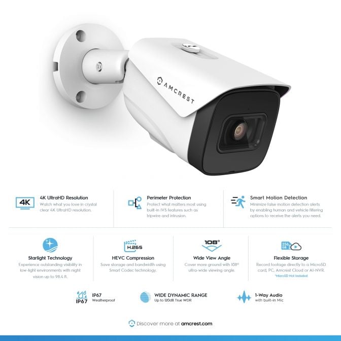 Amcrest 4K Security Camera System with 4K 8CH PoE NVR, 4 x 4K (8MP) IP67 Weatherproof Metal Bullet PoE IP Cameras, 2.8mm Wide Angle Lens, Pre-Installed 2TB Hard Drive, NV5208E-IP8M-2696EW4-2TB (White)