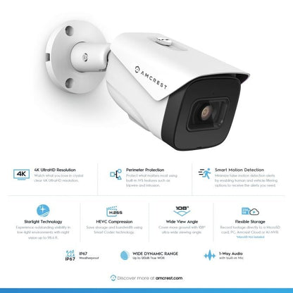 Amcrest 4K Security Camera System with 4K 8CH PoE NVR, 4 x 4K (8MP) IP67 Weatherproof Metal Bullet PoE IP Cameras, 2.8mm Wide Angle Lens, Pre-Installed 2TB Hard Drive, NV5208E-IP8M-2696EW4-2TB (White)