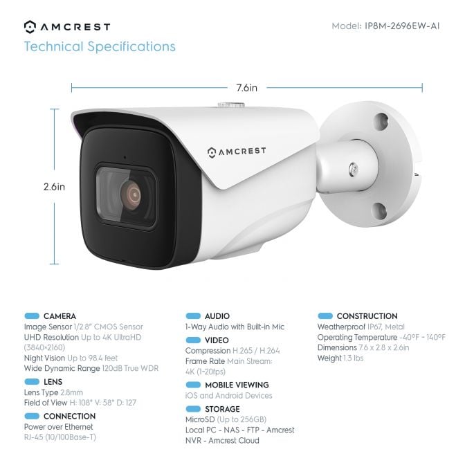 Amcrest 4K Security Camera System with 4K 8CH PoE NVR, 4 x 4K (8MP) IP67 Weatherproof Metal Bullet PoE IP Cameras, 2.8mm Wide Angle Lens, Pre-Installed 2TB Hard Drive, NV5208E-IP8M-2696EW4-2TB (White)