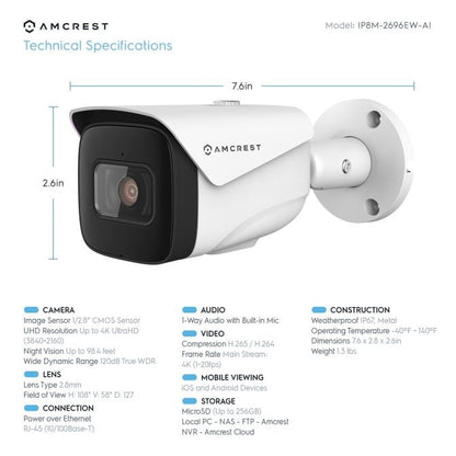 Amcrest 4K Security Camera System with 4K 8CH PoE NVR, 4 x 4K (8MP) IP67 Weatherproof Metal Bullet PoE IP Cameras, 2.8mm Wide Angle Lens, Pre-Installed 2TB Hard Drive, NV5208E-IP8M-2696EW4-2TB (White)