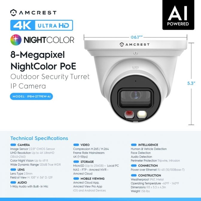 Amcrest 4K Security Camera System, 4K 8CH PoE NVR, (4) x 4K Night Color Turret POE IP Cameras, Active Deterrent, Pre-Installed 2TB Hard Drive