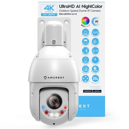 Amcrest 4K / 8MP Outdoor PTZ POE + IP Camera Pan Tilt Zoom (Optical 25x Motorized) Human and Vehicle Detection AI, Perimeter Protection, 328ft Night Vision POE+ (802.3at) IP8M-2899EW-AI-V2