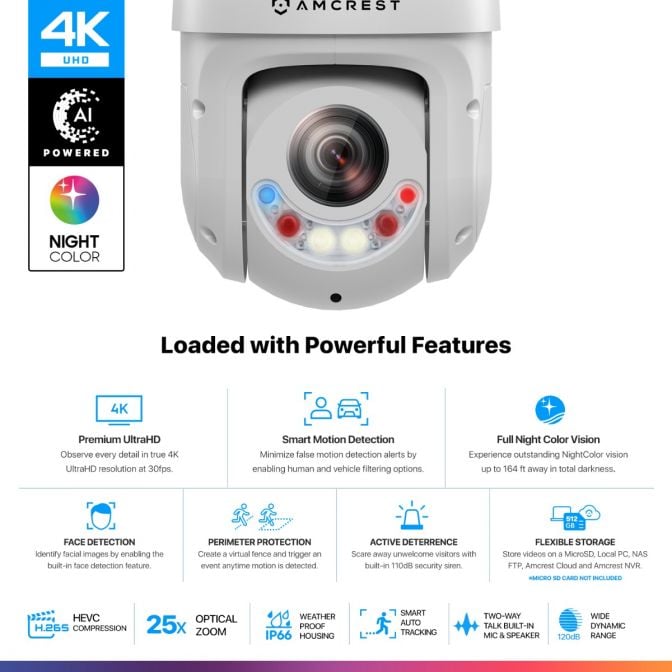 Amcrest 4K / 8MP Outdoor PTZ POE + IP Camera Pan Tilt Zoom (Optical 25x Motorized) Human and Vehicle Detection AI, Perimeter Protection, 328ft Night Vision POE+ (802.3at) IP8M-2899EW-AI-V2