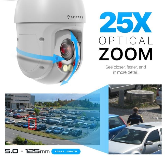 Amcrest 4K / 8MP Outdoor PTZ POE + IP Camera Pan Tilt Zoom (Optical 25x Motorized) Human and Vehicle Detection AI, Perimeter Protection, 328ft Night Vision POE+ (802.3at) IP8M-2899EW-AI-V2