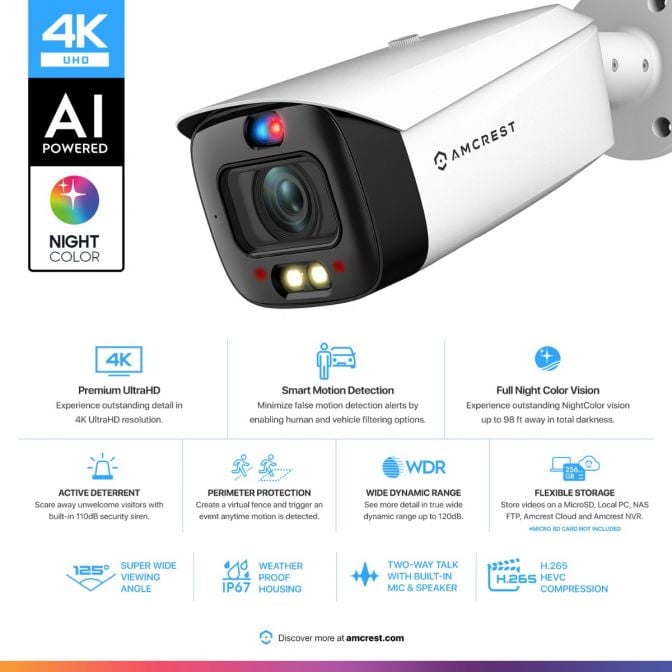 Amcrest UltraHD 4K (8MP) IP POE AI Camera, 4K @25/30fps, 98ft Full Night Color Vision IP8M-DB3946EW-3AI