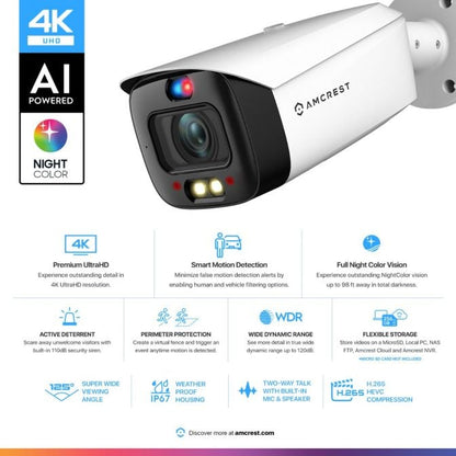 Amcrest UltraHD 4K (8MP) IP POE AI Camera, 4K @25/30fps, 98ft Full Night Color Vision IP8M-DB3946EW-3AI