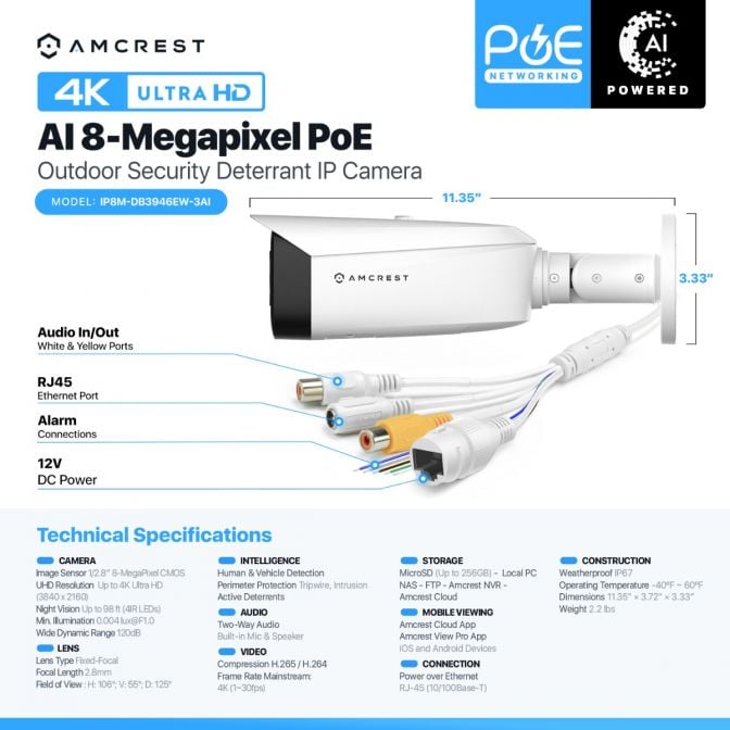 Amcrest UltraHD 4K (8MP) IP POE AI Camera, 4K @25/30fps, 98ft Full Night Color Vision IP8M-DB3946EW-3AI