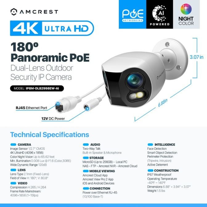 Amcrest Dual-Lens 4K (8MP) Outdoor Security POE Camera, 2 x 4MP Lenses PoE AI Bullet IP Camera