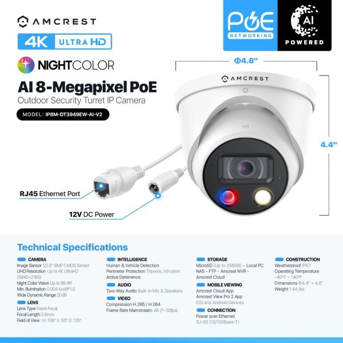 Amcrest 4K Security Outdoor Turret PoE IP Camera, White IP8M-DT3949EW-3AI-V2