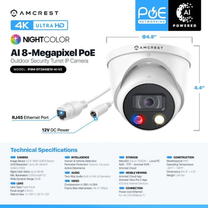 Amcrest 4K Security Outdoor Turret PoE IP Camera, White IP8M-DT3949EW-3AI-V2