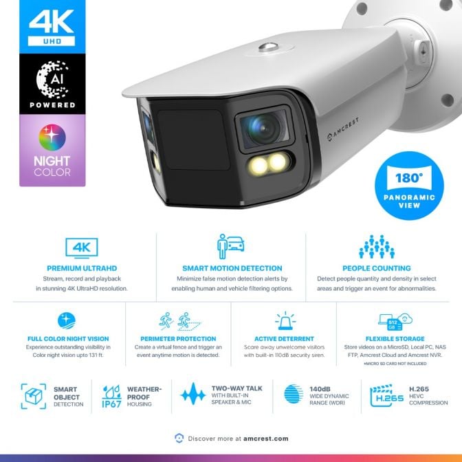 Amcrest Dual-Lens 4K (8MP) Outdoor Security POE Camera, 2 x 4MP Lenses PoE AI Turret IP Camera, 131ft Night Color, Human/Vehicle Detection, Panoramic 180° FOV, 2 x 4MP @25fps IP8M-FCB2996EW-AI(White)