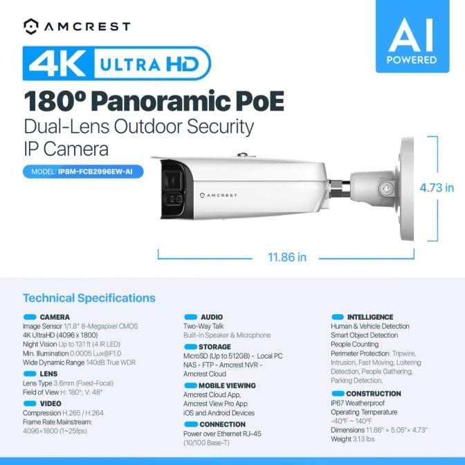 Amcrest Dual-Lens 4K (8MP) Outdoor Security POE Camera, 2 x 4MP Lenses PoE AI Turret IP Camera, 131ft Night Color, Human/Vehicle Detection, Panoramic 180° FOV, 2 x 4MP @25fps IP8M-FCB2996EW-AI(White)
