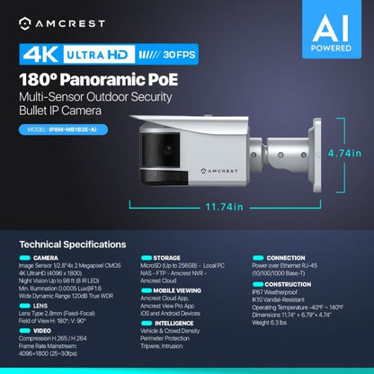 Amcrest 4K Panoramic IP PoE AI Camera 180° FOV IP8M-MB182E-AI