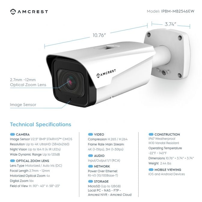 Amcrest 4K Optical Zoom IP PoE Bullet Camera, IP67 White IP8M-MB2546EW