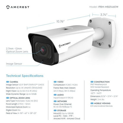 Amcrest 4K Optical Zoom IP PoE Bullet Camera, IP67 White IP8M-MB2546EW
