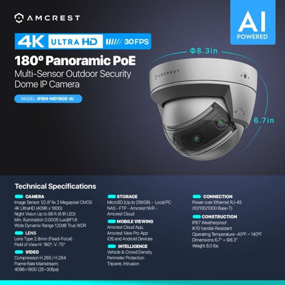 Amcrest 4K Panoramic IP PoE AI Camera 180° FOV IP8M-MD180E-AI