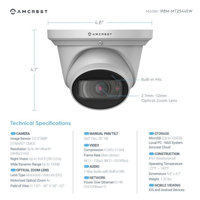 Amcrest 4K Optical Zoom IP PoE Turret Camera, IP67 White IP8M-MT2544EW