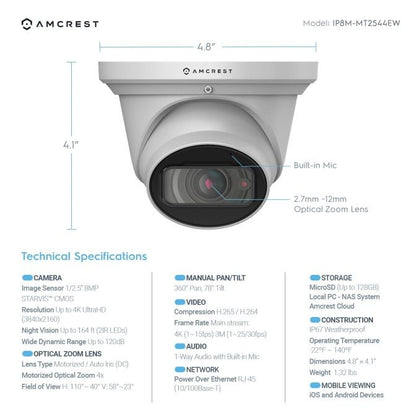 Amcrest 4K Optical Zoom IP PoE Turret Camera, IP67 White IP8M-MT2544EW