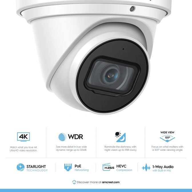 Amcrest 4K Security Camera System w/ 4K 8CH PoE NVR, (8) x 4K (8-Megapixel) IP67 Weatherproof Metal Turret Dome POE IP Cameras (3840x2160), Pre-Installed 4TB Hard Drive, NV4108E-IP8M-T2599EW8-4TB (White)