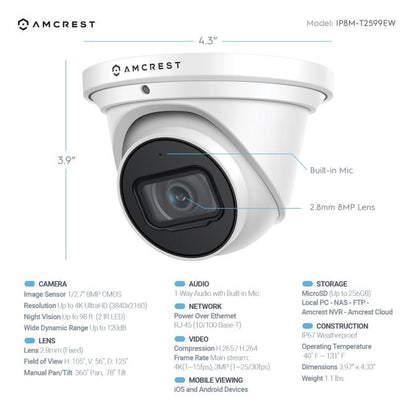 Amcrest 4K Security System 8CH PoE NVR 4 x 4K Turret POE Cameras 2TB