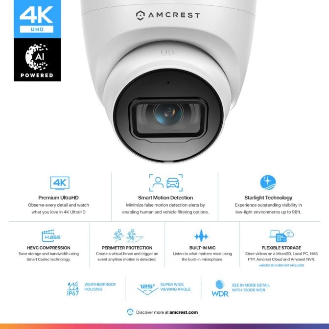 Amcrest 4K Outdoor Security IP Turret PoE Camera IP67 IP8M-T2599EW-AI-V3
