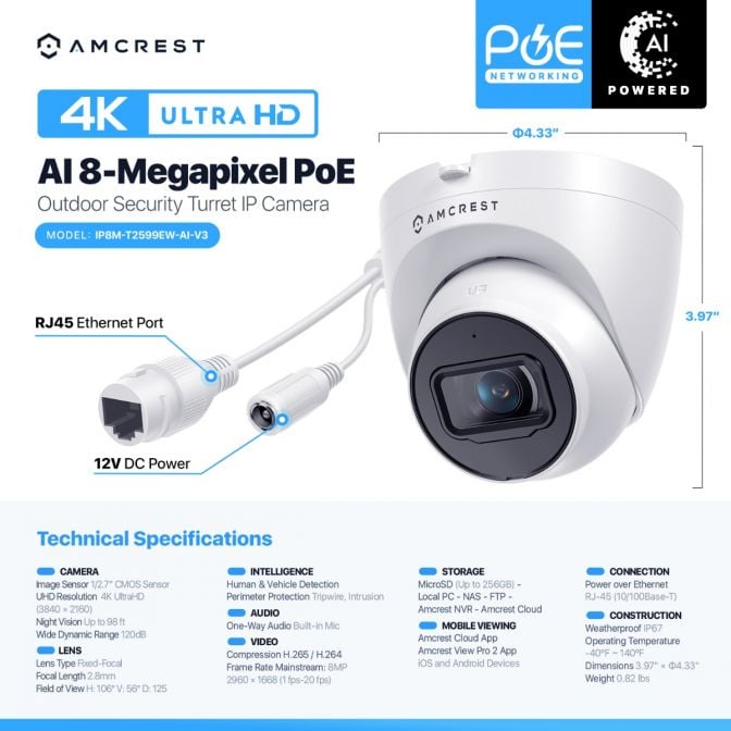 Amcrest 4K Outdoor Security IP Turret PoE Camera IP67 IP8M-T2599EW-AI-V3