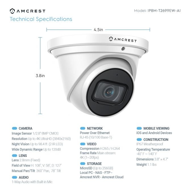 Amcrest 4K System 8CH PoE NVR 4x 4K Turret POE Cameras 2TB HDD