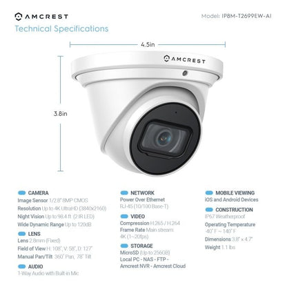 Amcrest 4K System 8CH PoE NVR 4x 4K Turret POE Cameras 2TB HDD