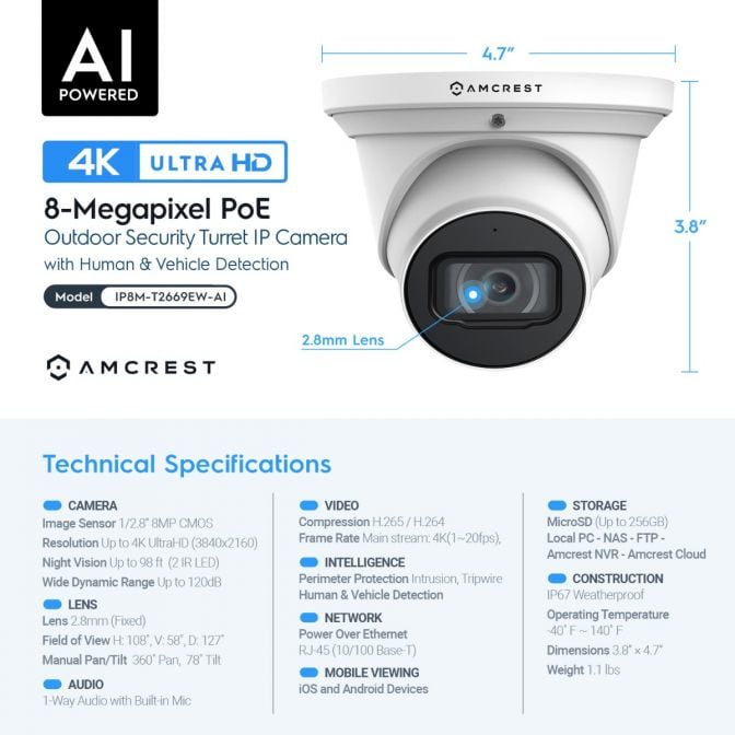 Amcrest 4K AI Security System 8CH PoE NVR 4 x 4K AI Turret POE Cameras 2TB