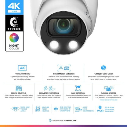Amcrest UltraHD 4K (8MP) IP POE AI Camera, 4K @30fps, 164ft Night Color Vision, F1.0, Security Outdoor Turret Camera, Face, Vehicle & Human Detection, Built in Microphone, IP8M-T2883EW-AI