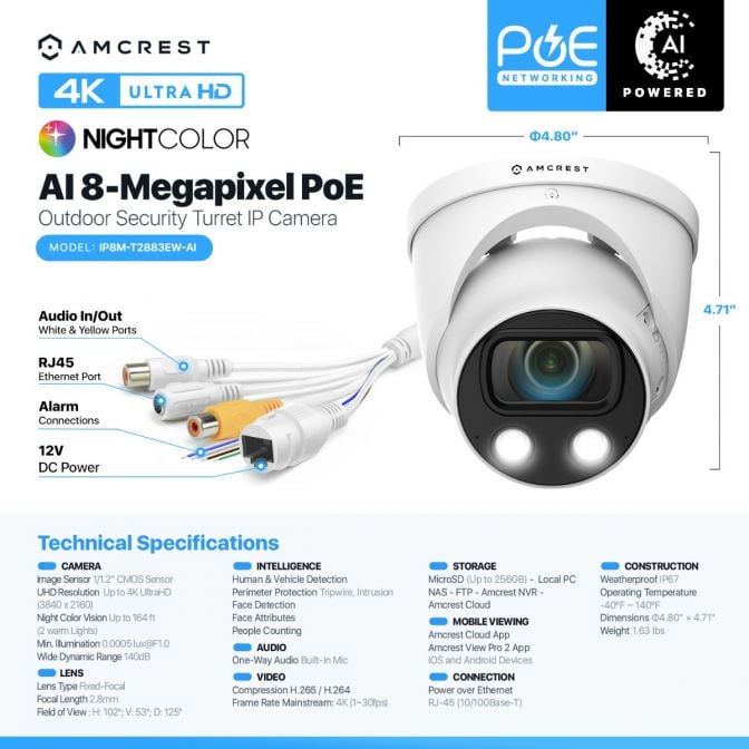 Amcrest UltraHD 4K (8MP) IP POE AI Camera, 4K @30fps, 164ft Night Color Vision, F1.0, Security Outdoor Turret Camera, Face, Vehicle & Human Detection, Built in Microphone, IP8M-T2883EW-AI