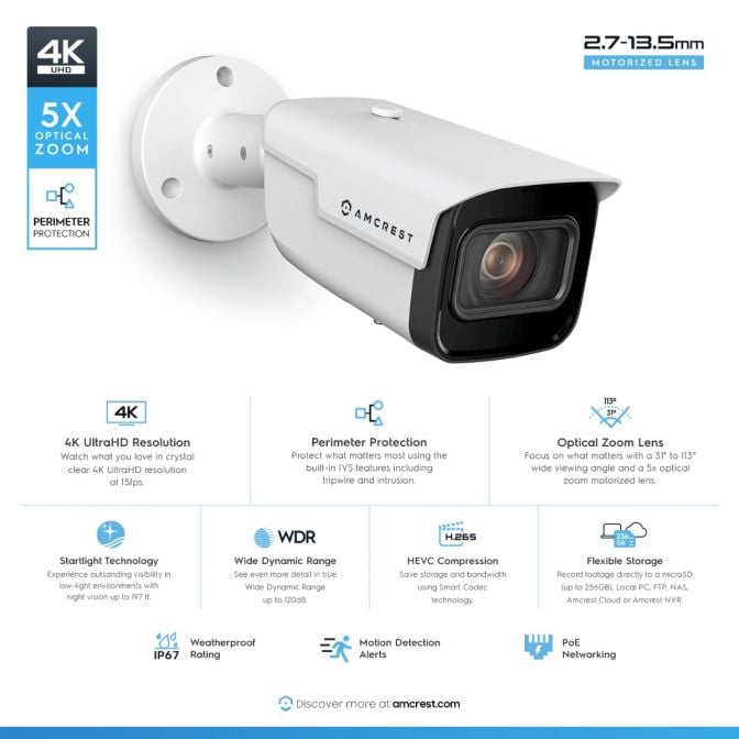 Amcrest 4K Bullet IP PoE Camera 5x Optical Zoom IP67 IP8M-VB2796EW