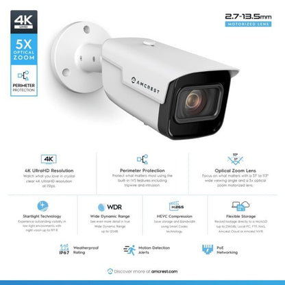 Amcrest 4K Bullet IP PoE Camera 5x Optical Zoom IP67 IP8M-VB2796EW